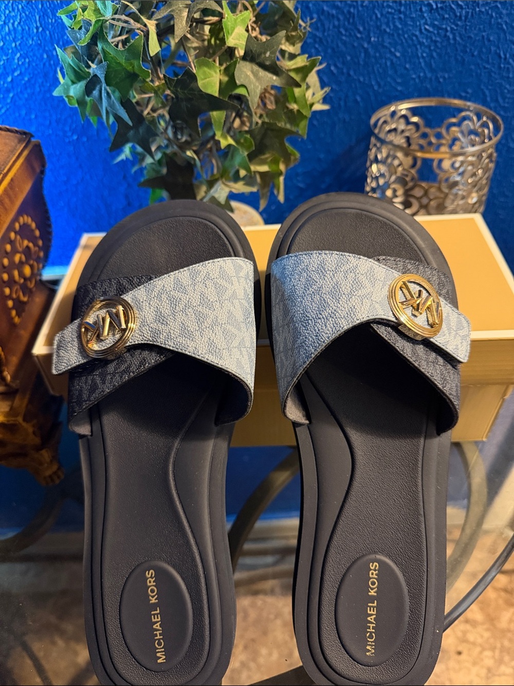 Michael Kors Two-Tone Denim Logo Slide Sandals with Gold MK Medallions